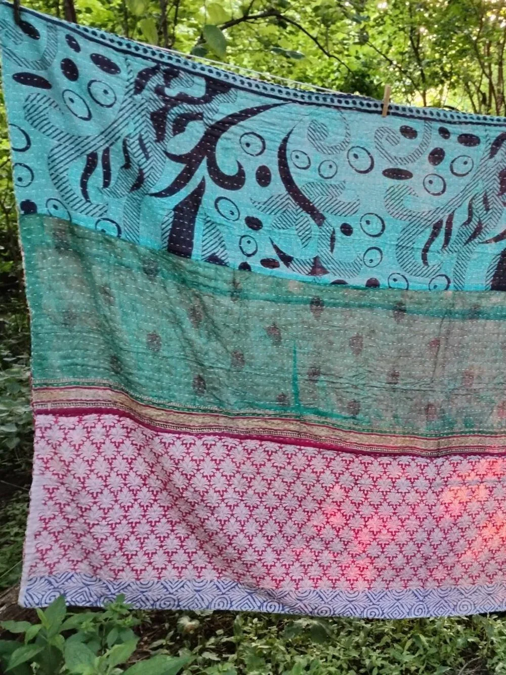 Kantha Quilt Green Black Red Premium 3 Layer Cotton New K189.